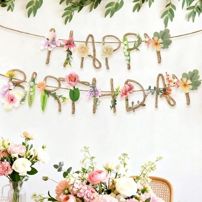 Norme 2 Pcs Wildflower Birthday Party Decorations Banner 13.2ft Metal 3D Flower Cottage Core Happy Birthday Garland Floral Handmade Garden Spring Tea Fairy Party Decorations for Women Girls