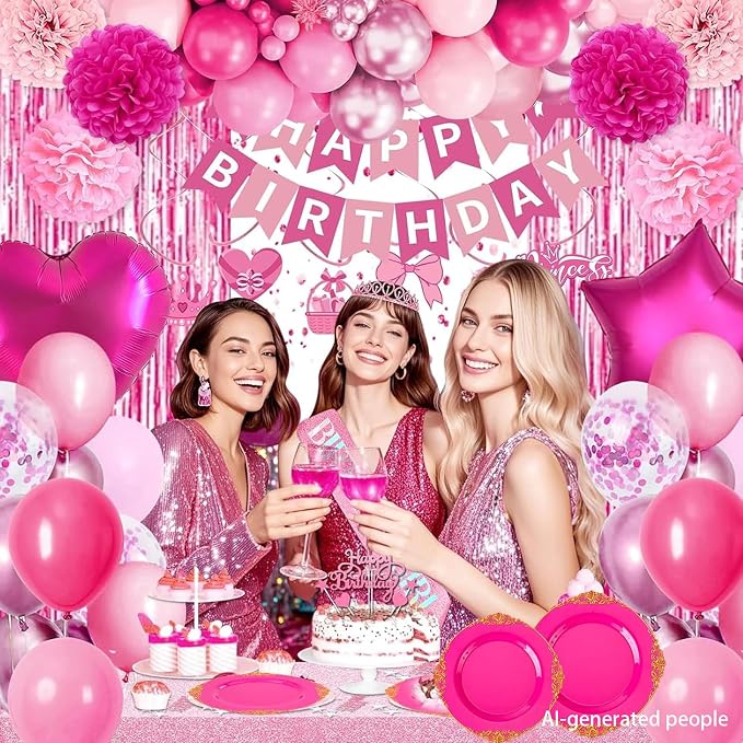 125PCS Hot Pink Plastic Plates - Pink Disposable Plate - Elegant Party Plates with Gold Plastic Silverware Sets for 25 Guests for Wedding & Birthday Party & Baby Shower