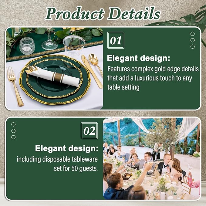 Hioasis 350pcs Green Gold Plastic Plates - Gold Plastic Dinnerware Set Includes 50 Dinner Plates, 50 Dessert Plates, 50 Gold Utensils, 50 Napkins Perfect for Wedding