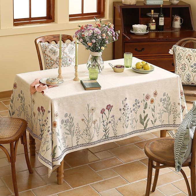 ISAENNE Designer Linen Small Square Tablecloth,55"x55"-Serenity G | Vintage Elegant French Floral Durable Table Cloth,Light Beige,Decoration,Heavyweight,Dining,Tea Party,Kitchen,Thanksgiving