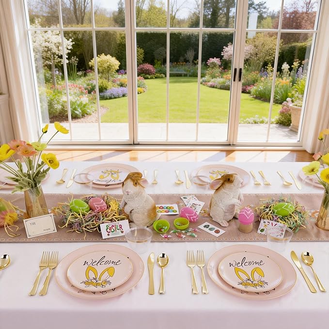 DaYammi 210Pcs Easter Plastic Plates,Pink Gold Party Plates with Bunny Egg Design Include 30 Dinner Plates,30 Dessert Plates,30 Pre Rolled Napkins with Gold Silverware,30 Plastic Cups for Easter Party