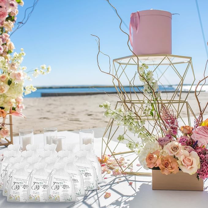 Ctosree 100 Set Wedding Favors for Guests Bulk Include 100 Pcs Self Adhesive Seed Packets Kraft Paper Seed Envelopes Let Love Grow Cards and Organza Gift Bags for Bridal Shower(Stylish)