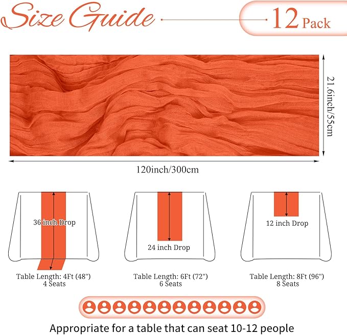 12 Pack Orange Cheesecloth Table Runner 10FT Boho Gauze Cheese Cloth Table Runner Rustic Sheer Fabric Table Runners for Wedding Bridal Shower Baby Shower Party(21.5×120 Inch)