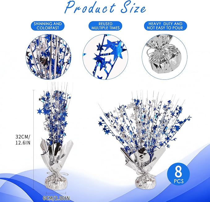 Metallic Star Spray Centerpieces 8 pack for Tables - Bulk 12.4" Foil Fountain Table Decorations for Large Events, Graduation 2026, Wedding Reception (Silver Blue Blend)