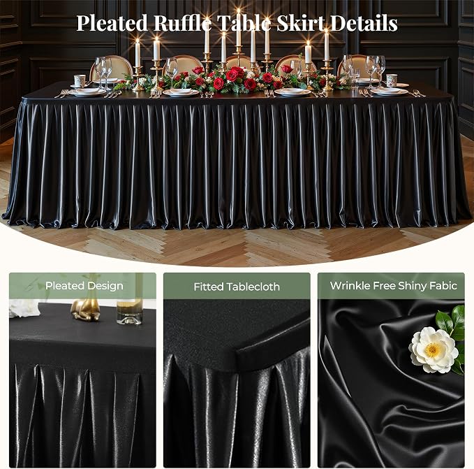 2 Packs Black Satin Tablecloths Rectangle 8FT, Glitter Spandex Fitted Stretch Table Covers Wrinkle-Free Floor Length Shimmer Table Skirt for Weddings Parties Baby Shower Banquets Vendor Events