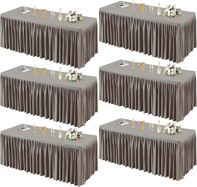 PARTISKY 6 Pack Natural Tablecloths for Rectangle Tables 6ft, Wrinkle Resistant Spandex Table Cover Fitted Stretch Table Cloth with Pleated Ruffle Skirts for Party Banquet Dining Birthday Wedding