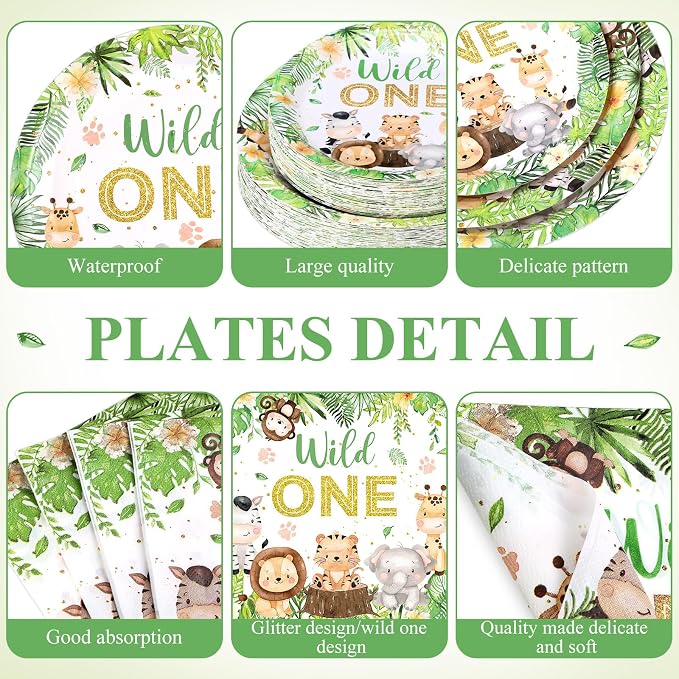 Funnymoom 452 Pcs Wild One Birthday Party Decorations for 50, Safari Jungle Wild One Paper Plates Napkins Cups Tablecloth Cutlery Straws for Boys Kids Woodland Themed First Birthday Party Supplies