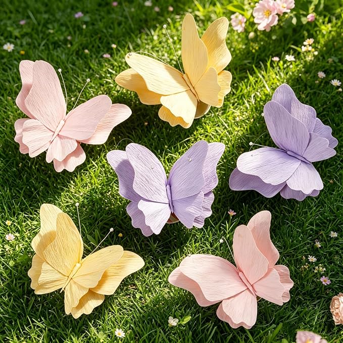 SUNBEAUTY Butterfly Party Decorations Hanging Butterfly Decorations 6Pcs Crepe Paper Garden 3D Butterflies Decor Pastel Paper Butterflies Decoration for Wedding Baby Shower Birthday Party Room Decor