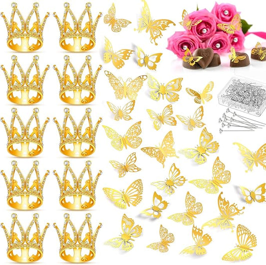 Seajan 170 Pcs Gold Crowns for Flower Bouquets Flower Bouquet Accessories Including 10 Mini Crown 100 Corsage Pins 60 Butterfly Decorations for Valentines Day Birthday Wedding Party(Gold)