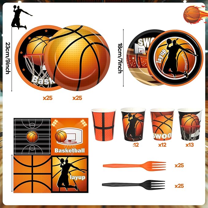250 Pcs Basketball Birthday Party Decors Basketballs Disposable Party Tableware Sets Including Plates Cups Napkins Basketball Sports Theme Dinnerware for Sports Birthday Parties Supplies Serves 50