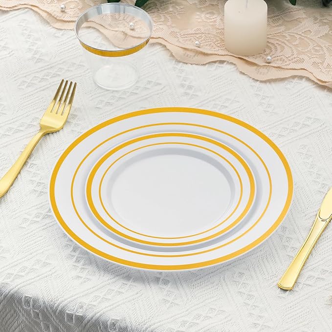 AOZITA 200PCS Gold Plastic Plates Set, Heavy Duty Disposable Plates for Party & Wedding, Includes 100 Dinner Plates and 100 Dessert Salad Plates, Elegant White with Gold Rim Dinnerware