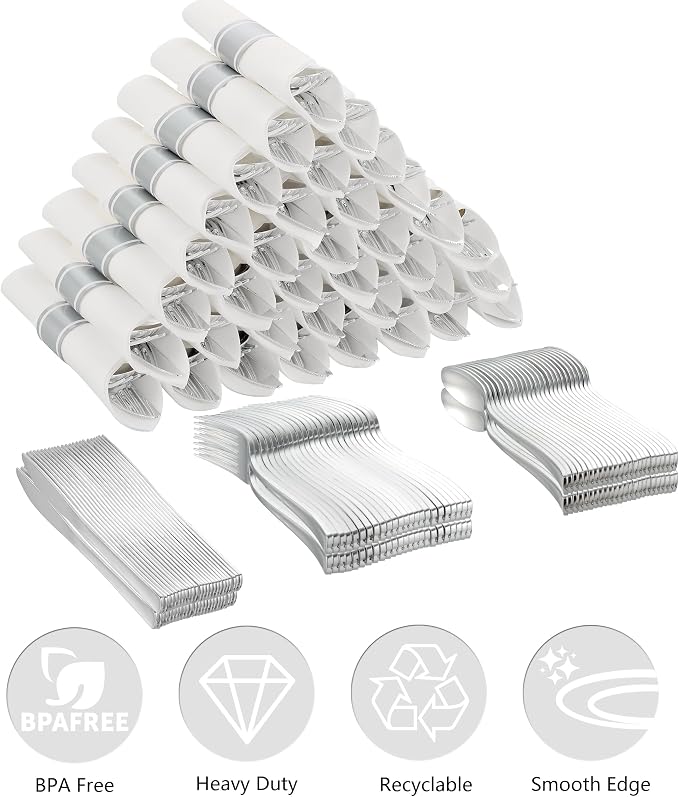 100 Pack Pre Rolled Silver Plastic Silverware Set with Napkins,Disposable Wrapped Heavy Duty Cutlery Set for Wedding Birthday Party-100 Forks,Knives,Spoon,Utensils Set,Plasticware Bulk