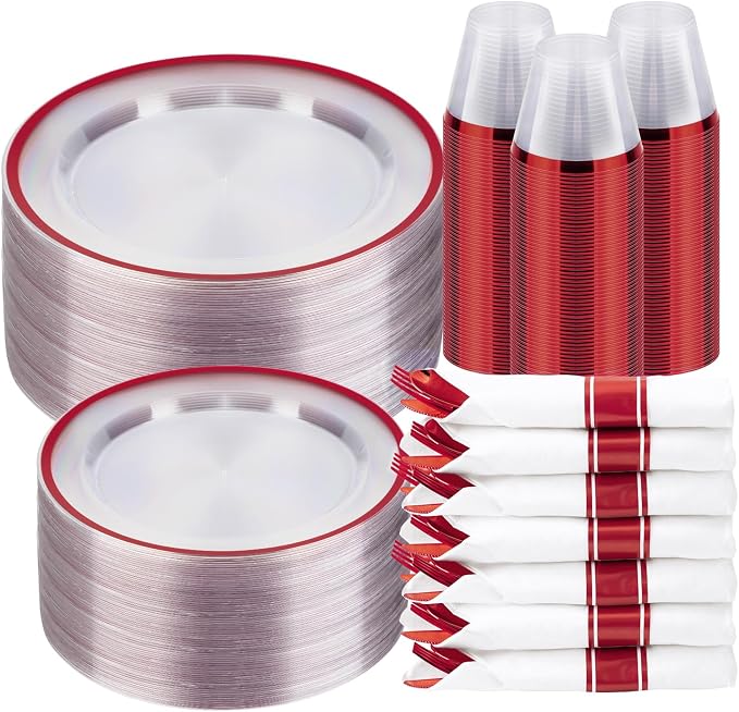 BESTSTAR 350PCS 4th of July Clear and Red Disposable Plates Set for 50 Guests, 100 Plastic Plates, 50 Plastic Cups, 50 Pre-Rolled Napkins with Cutlery for 4th of July, Christmas, Birthday