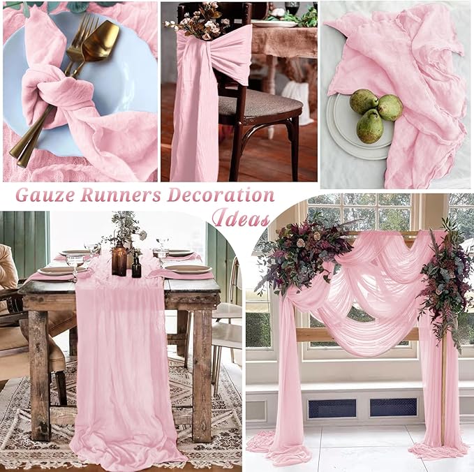 6 Pcs Light Pink Cheesecloth Table Runner 10FT, Gauze Table Runner for Wedding Reception Sheer Bridal Shower Birthday Party Boho Table Decoration, Rustic Romantic Wedding Runner