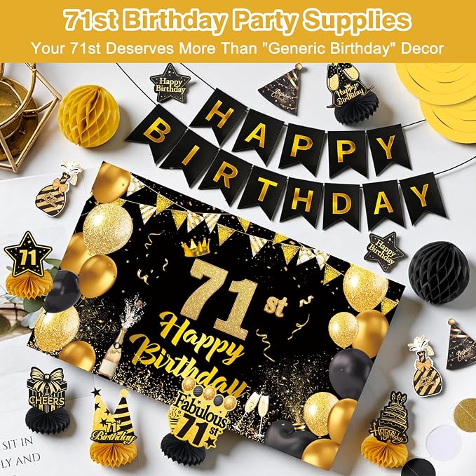 Happy 71st Birthday Party Decoration: Including Birthday Banner Backdrop, Party Table Centerpieces and Hanging Swirl Party Streamers, Birthday Decor for Men and Women (Gold/Black, 71st Birthday)