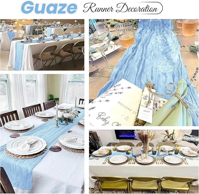 6 Pack Baby Blue Cheesecloth Table Runner 20 x 120 inch Gauze Table Runners 10 FT Long,Semi Sheer Cheese Cloth Fabric Table Runner Bulk for Wedding,Party,Baby Shower,Bridal Shower Decoration