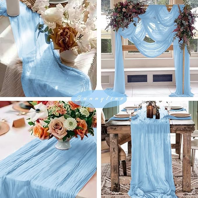 6 Pcs Baby Blue Cheesecloth Table Runner 10FT Runner for Tables 35 x 120 Inches Long Gauze Boho Fabric Table Runner Decoration Rustic Sheer Runner for Wedding Birthday Baby Shower Party (Baby Blue)