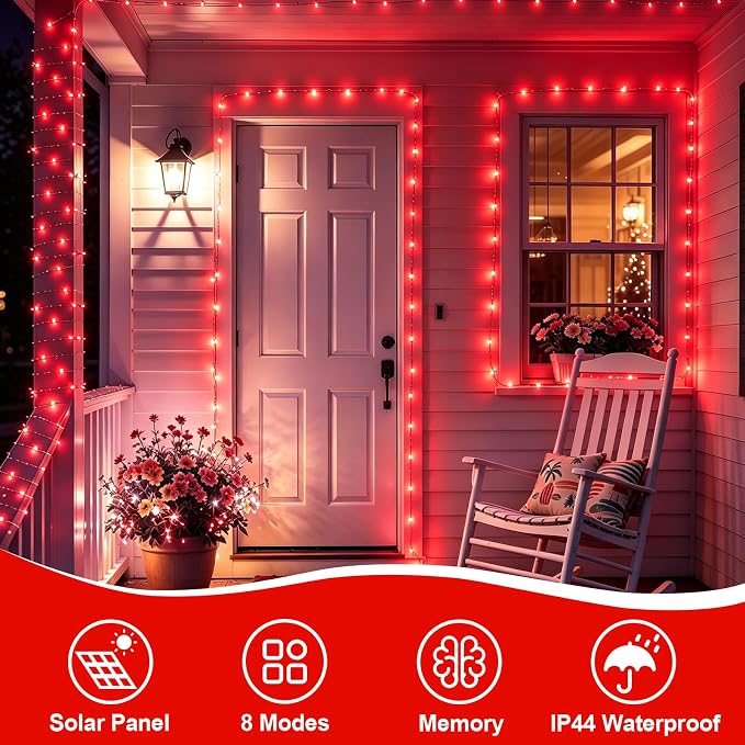 YEGUO 4 Pack Halloween Solar Fairy Lights, Each 33ft 100 LED Red Christmas Lights Outdoor Waterproof, 8 Modes Sliver Wire Solar String Lights