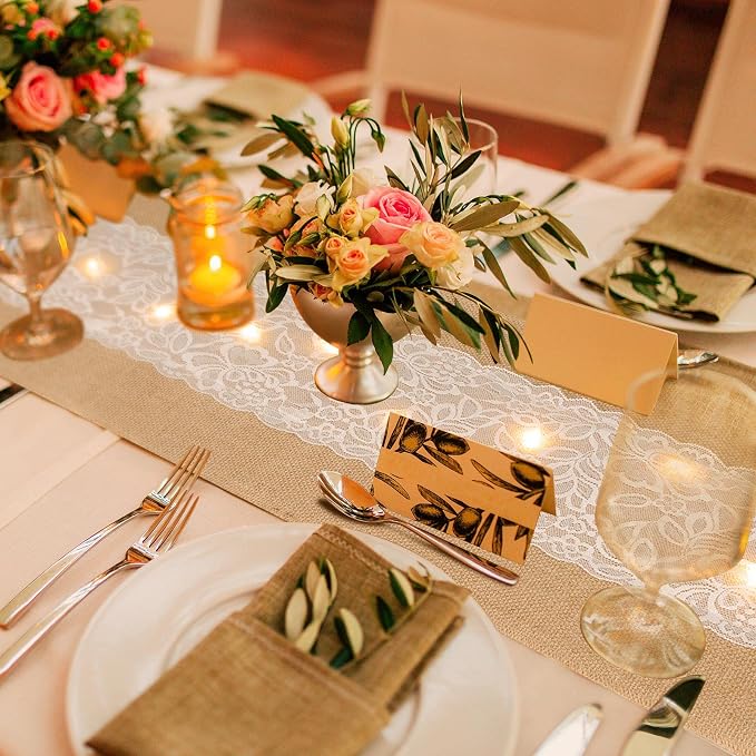 Xinnun 6 Pack Burlap Table Runner with Warm LED Lights,Rustic Lace Wedding Table Decor,Boho Farmhouse Jute Runner for Reception Bridal Shower Party(Classic,12x108 Inches)