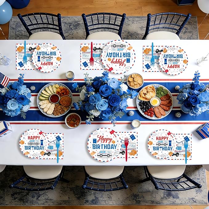 96 Pcs Mailman Party Supplies Red Blue Mail Happy Birthday Plates and Napkins Disposable Mail Truck Mailbox Tableware Set for Postal Worker Birthday Party Decorations Serves 24