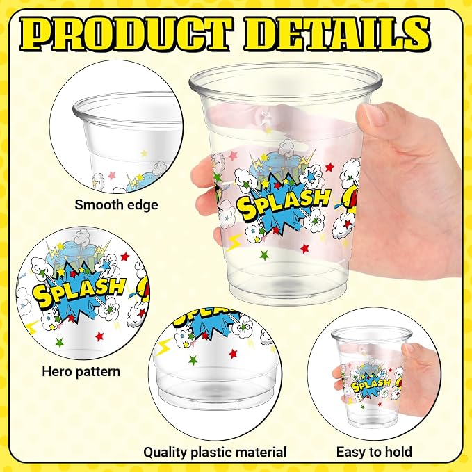 FoldTier 50 Pcs Hero Cups 12 oz Plastic Hero Birthday Cups Clear Theme Disposable Glasses Super Theme Beverage Glasses for Home Kitchen Birthday Party Favors Supplies Decoration