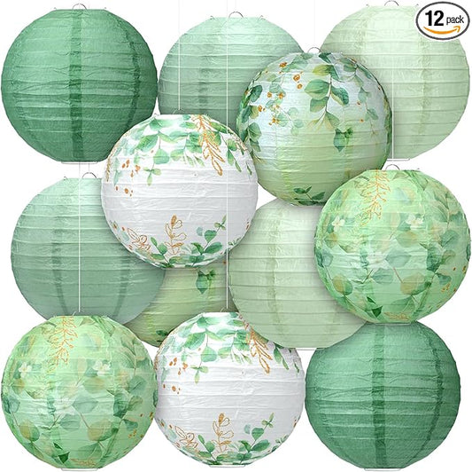 Panelee 12 Pcs Sage Green Eucalyptus Leaf Party Decorations Paper Lanterns 8 Inch Hanging Round Paper Party Decorations for Holiday Indoor Outdoor Supplies