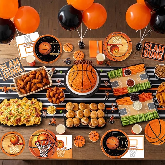 202 PCS Basketball Birthday Party Decorations - Plates, Napkins, Cups, Basket Card, Banner, Balloons, Cake & Cupcake Toppers, Tablecloths, Cutlery for Basketball Party Decorations, Serves 24