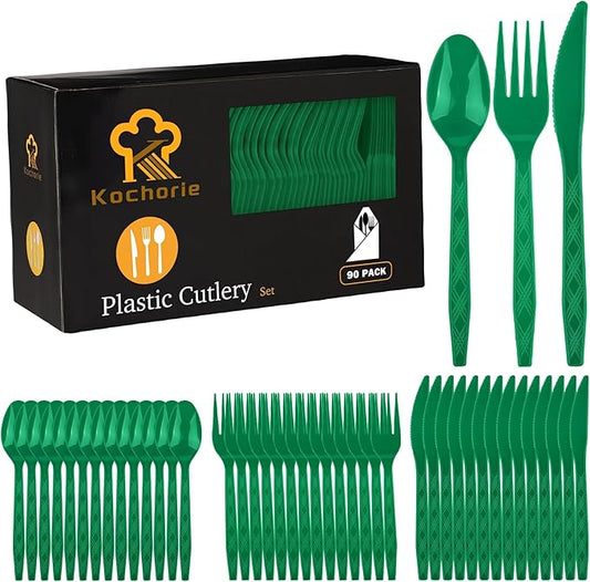 Kochorie 90 Pieces Dark Green Plastic Cutlery Set Disposable Plastic Utensils Heavy Duty Flatware Set Includes 30 Knives 30 Forks 30 Spoons for Birthday Graduation Party, Picnic