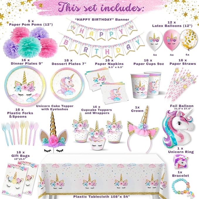 152 Pc Unicorn Birthday Decorations for Girls, Complete Party Supplies Kit | 2026 Family Choice Award winner – plates, napkins, cutlery, straws, pom-poms, balloons, banner, headband, bracelet & more