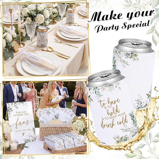 Hoteam 25 Sets Eucalyptus Leaf Wedding Party Favors for Guests Bulk Including Green Can Cooler and Paper Folding Fans with Wedding Decor Table Sign Cheers to Love for Bridal Shower Party Souvenir