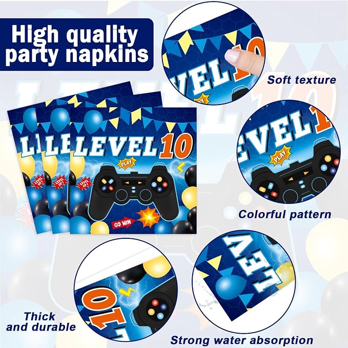 96Pcs Level 10 Plates and Napkins Sets Level Up 10 Unlocked Birthday Decorations 10th Birthday Plates for Boys Video Game Supplies 10th Blue Gaming Pattern Design Party Favors for 24 Guests