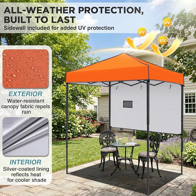 EAGLE PEAK 6x4 Instant Pop Up Canopy Tent with 1 Half Wall Panel, Straight Leg Sun Shelter, Portable Canopy with Carry Bag for Camping, Beach & Sports, Orange