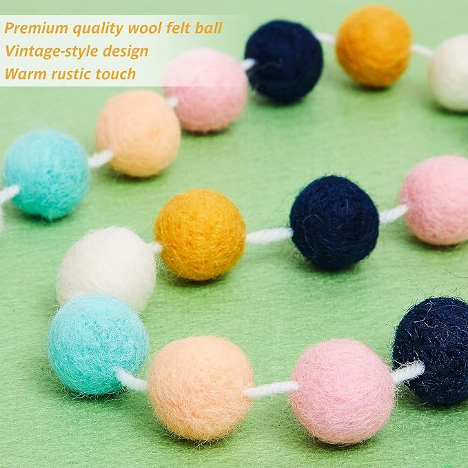 WILLBOND 3 Pieces Wool Felt Rainbow Ball Garland Colorful Pom Pom 6.5 ft Long 24 Ball Garland for Easter Mardi Gras Classroom Halloween Thanksgiving Xmas (Cute Colors)