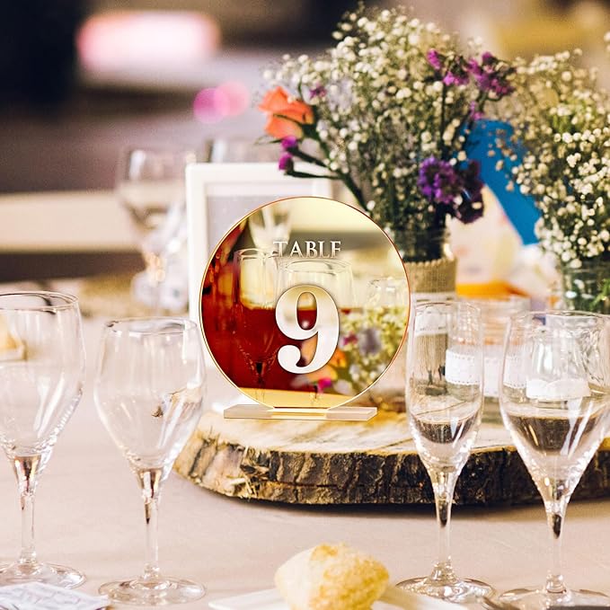 Acrylic Wedding Table Numbers 1-10 with Stands,4.8"Round Mirror Gold Table Number Signs and Holders for Wedding Reception, Party, Event, Centerpiece Decoration