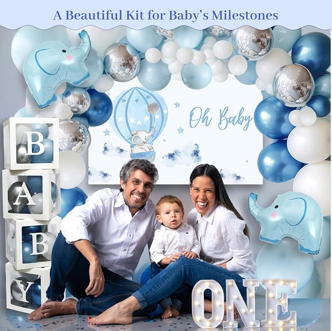 Vidal Crafts 139 PCs Elephant Baby Shower Decorations Boy, Themed Baby Boy Shower Decorations, Complete Party Kit with Elephant Backdrop, Balloon Garland, BABY Boxes & Mom to Be Sash