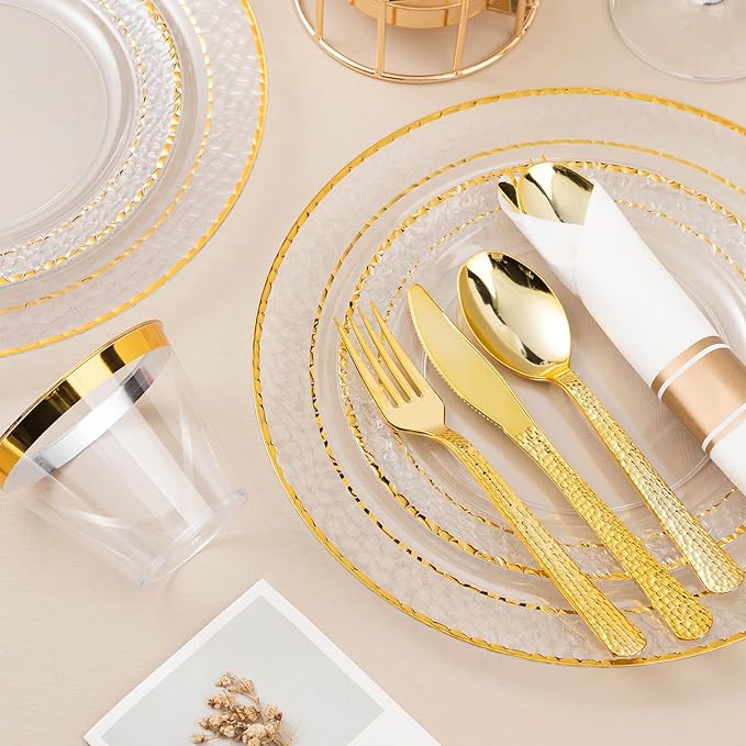 Bestluck 350PCS Clear Plastic Plates with Gold Trim for 50 Guests, Disposable Dinnerware Set for Party & Wedding, Includes 100 Plastic Plates, 50 Pre Rolled Napkins with Gold Silverware, 50 Cups