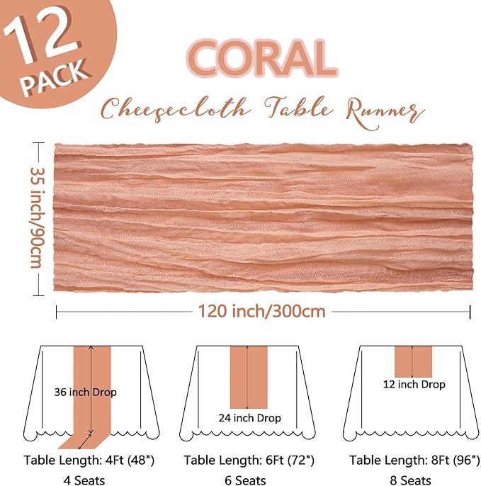 12 Pack Coral Cheesecloth Table Runner 10Ft Spring Gauze Cheese Cloth Table Runner 35x120 Inch Boho Sheer Rustic Fabric for Holiday Party Decor Baby Shower Wedding Decorations