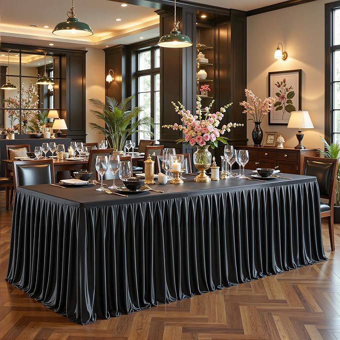 Wish Care 2 Pack Satin Table Cover Skirts for 6ft Rectangular Tables, Black Shimmer Silk Tablecloth with Floor Length Ruffle for Wedding Banquet Party Buffet Decoration