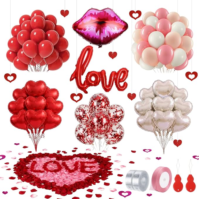 Wedding Anniversary & Valentine’s Day Heart Balloon Set- 200+Pcsred balloons heart balloons, Rose Petals, Metallic Love Letters, Hearts for Anniversary, Wedding, Proposal, Party Decor