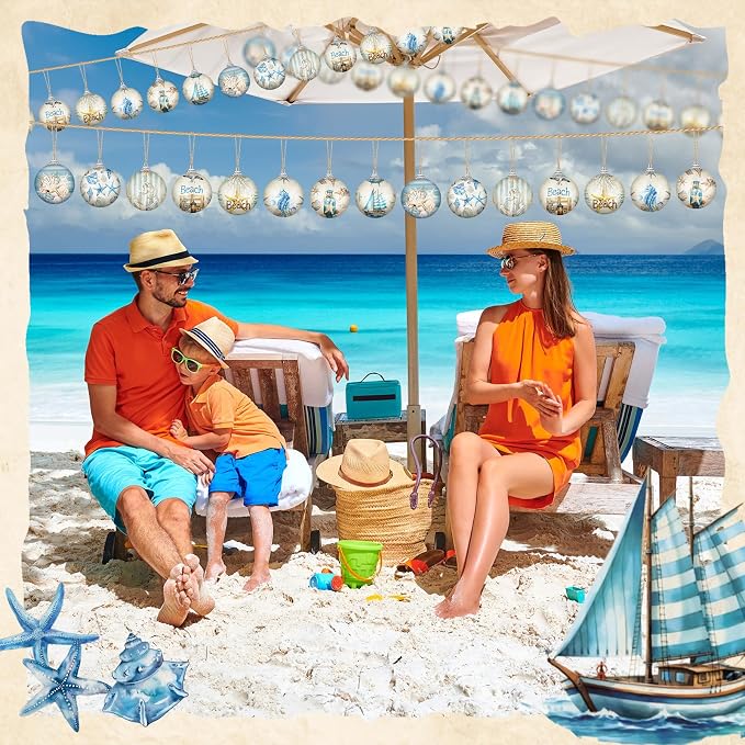 Outus 16 Pcs Summer Beach Ornaments Ball Ocean Beach Decorations for Tree Coastal Nautical Navigation Seashell Hanging Ornaments Xmas Decorations for Home Small Tree Fireplace Holiday Party Favors