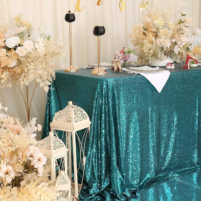 Eternal Beauty Teal Tablecloth, 50x50 Inch Sequin Square Table Cover for Cake Dessert Exhibition Party Birthday Events