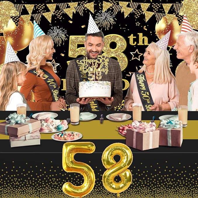 58th Birthday Decorations Men Women with 58th Birthday Banner, Black and Gold Table Cloth, Number Balloons, Large Sash, Cake Topper and Candles