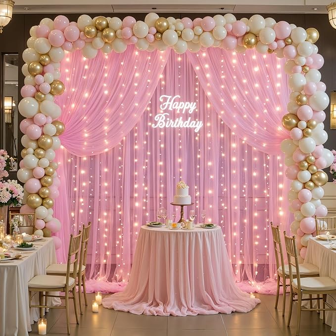 10ft×15ft Pink Tulle Backdrop Curtains with Lights String for Parites Pink Sheer Backdrop Curtains for Baby Shower Girls Birthday Party Wedding Bridal Shower Photo Shoot Background 2 Panels 5×15ft