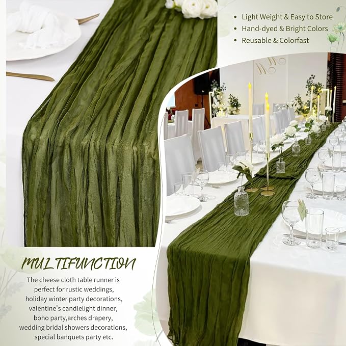 18 Pack Olive Green Cheesecloth Table Runner 17 x 108 inch Boho Gauze Table Runner Rustic Sheer Cheese Cloth Table Decorations for Wedding Party Baby Bridal Shower Birthday Holiday HOM