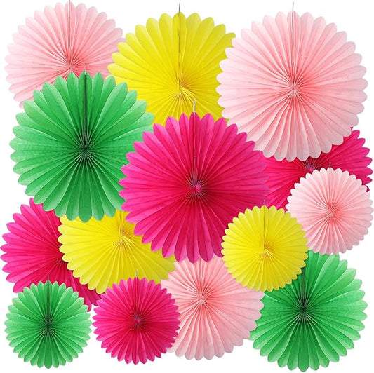 MotiMind 24 Pcs Hawaiian Party Decorations Hanging Paper Fans Flowers for Luau Flamingo Birthday Party Classroom Pink Green Rose Red Yellow Background Ceiling Wall Decor Wedding Baby Bridal Shower