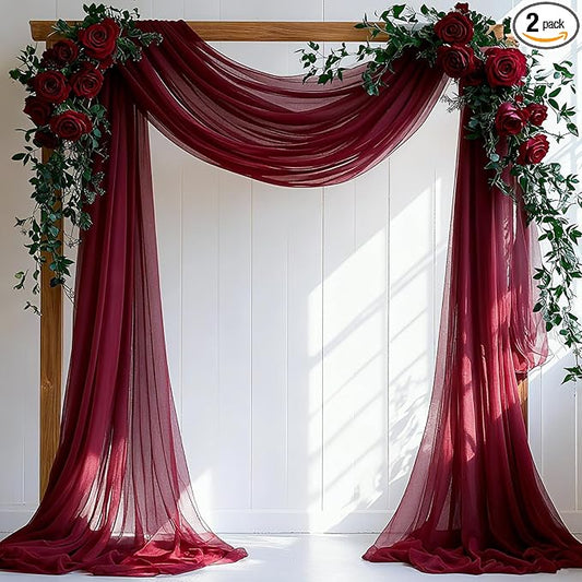 Wedding Arch Draping Fabric, 31.5" x 20FT Wrinkle-Free Sheer Chiffon Drapery for Ceremony Backdrop, Arbor, Pergola, Church Cross, Photo Booth, Baby Shower & Home Decor, 2-Pack, Burgundy