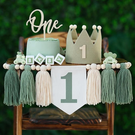 Wild One High Chair Banner First Birthday Decorations For Boy with Green Tassel Garland Birthday Crown Hat Cake Topper