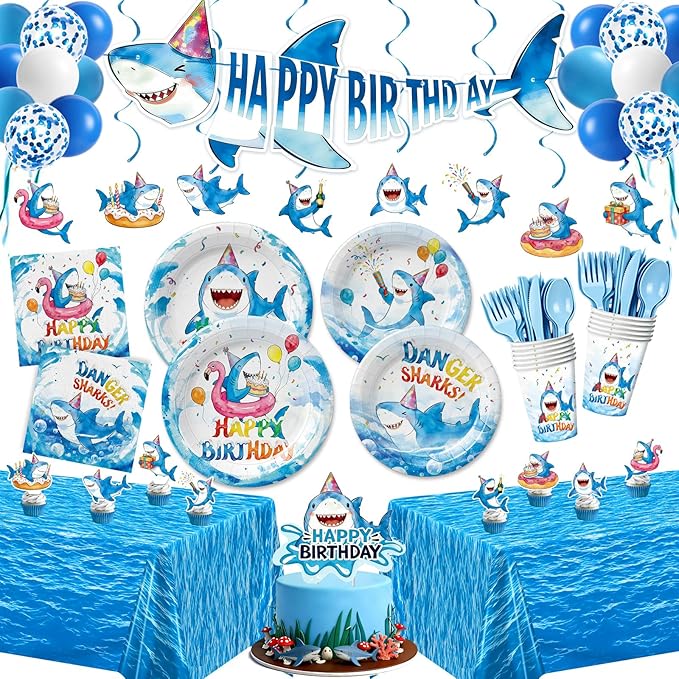 190pcs Shark Plates Napkins Party Supplies Decorations Disposable Tableware Set Include Cups Cutlery Cake Cupcake Topper Banner Hanging Swirl Balloon Tablecloth for Shark Birthday Decorations Serve 20