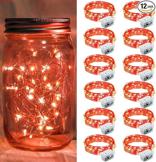 12 Pack Red Fairy Lights 7Ft 20 LED Twinkle String Lights 3 Modes Battery Operated Waterproof Firefly Starry for Mason Jar Party Table Centerpieces Halloween Christmas Valentines Day