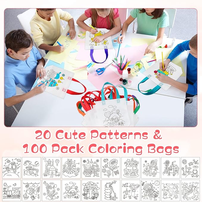 BBTO 100 Pcs Coloring Goodie Bags Cute Cartoon Reusable Party Favor Paint Non Woven Goodie Bags for Kids Birthday Party Art DIY Crafts Supplies, 20 Styles